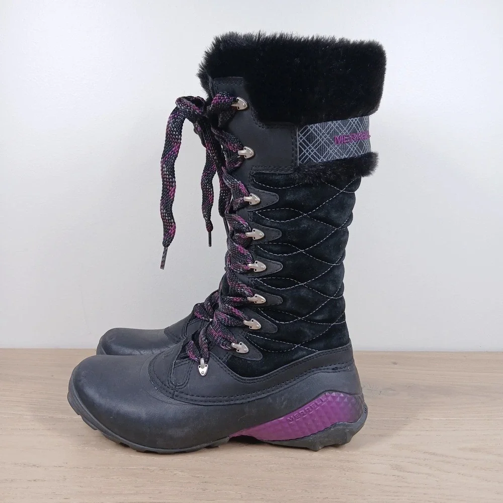 Merrell Winterbelle Peak Boots Women 9 Black Waterproof Fur Lace Up Hiking